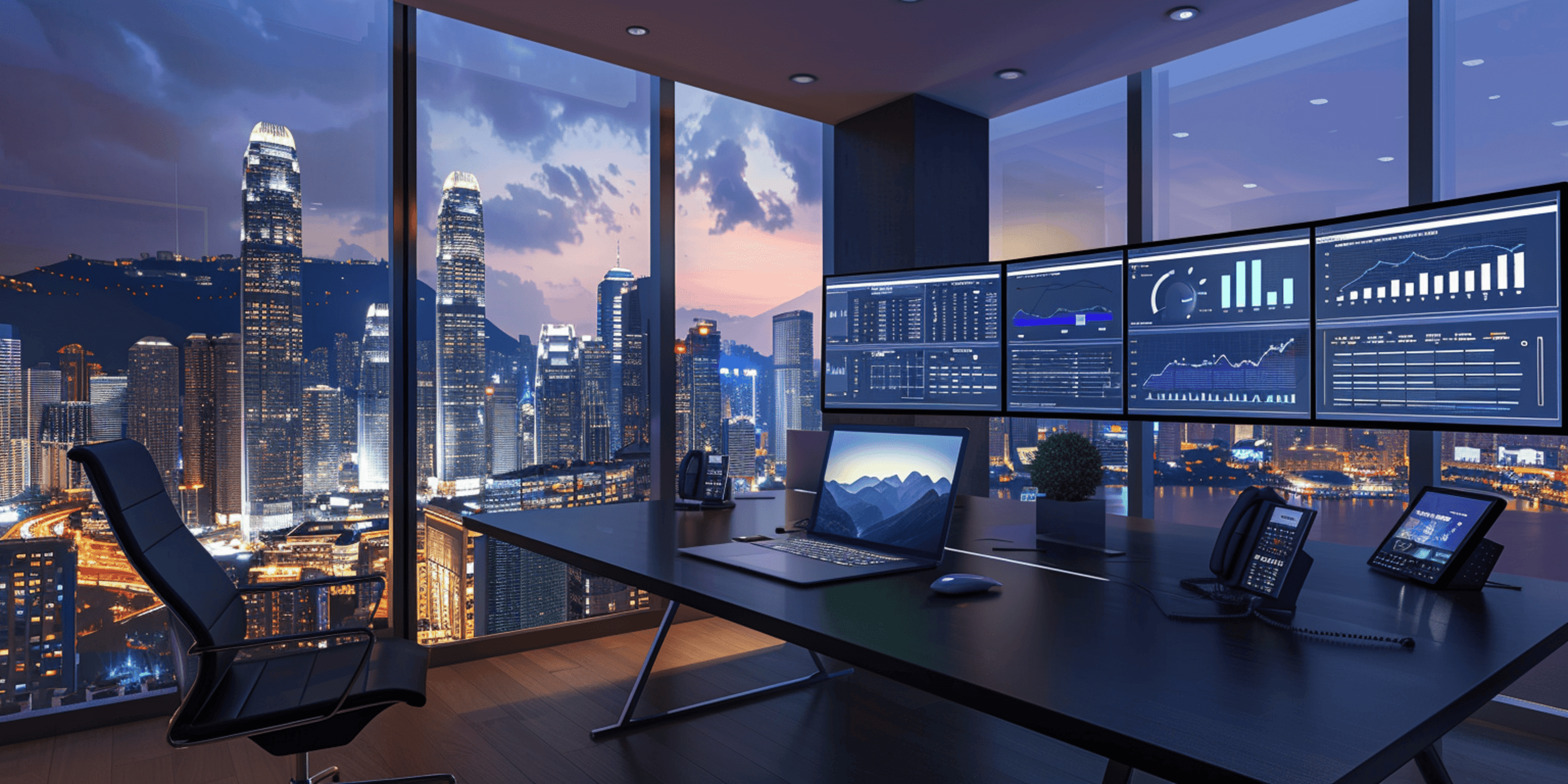 Trading desk overlooking a city skyline at night